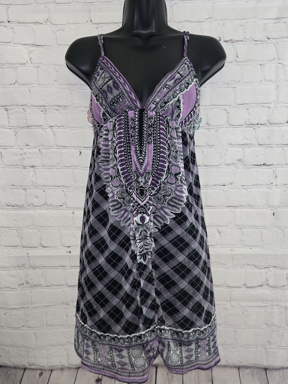 Forever 21 Purple and Black Printed Lace-Trim Mini Dress
